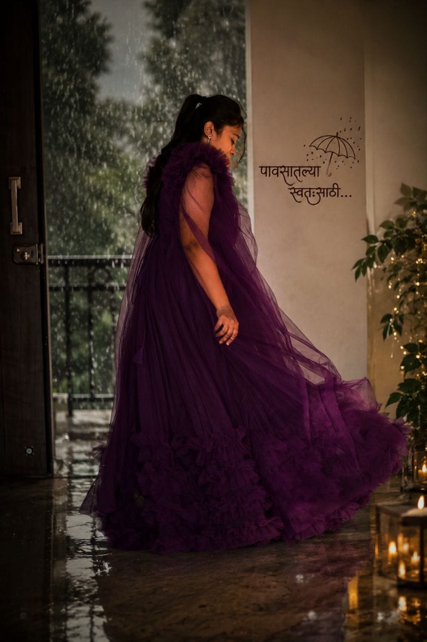 Wine Ruffled Tulle Cape Gown